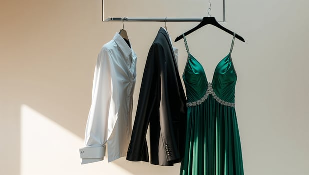 Elegant clothing display featuring a green dress, black suit, and white shirt in a stylish setting photo