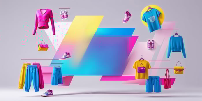 Vibrant display of colorful clothing and accessories on hangers in a modern, artistic arrangement for a fashion promotion photo