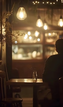 Ambience of Interior Cafe with Edison Bulbs and Person Seated, Rustic Comfort Setting photo