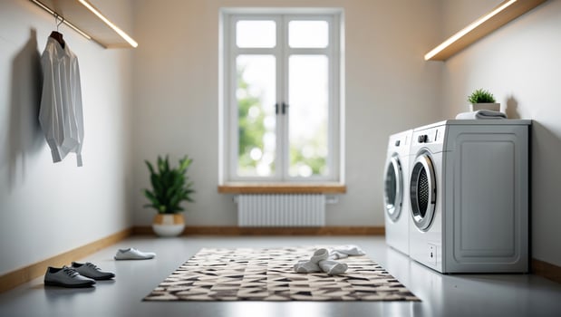 Modern laundry room with clean design, neutral colors, and ample natural light photo