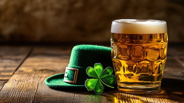 St patrick's day beer and hat on wooden table photo