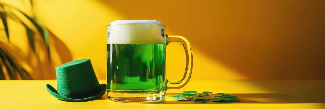 St patrick's day beer mug and hat on yellow background photo