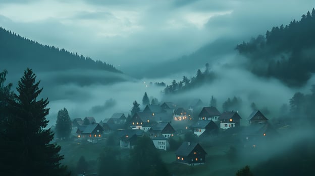 Enchanting Fog-Kissed Village Nestled Amongst Verdant Hills and Forests in Early Evening photo