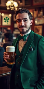 A man in a green suit holding a beer photo