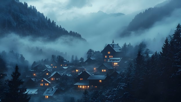Serene alpine settlement embraced by ethereal mist and enveloping twilight atmosphere photo