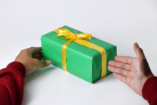 Green Present in Hands Wearing a Red Sweater photo