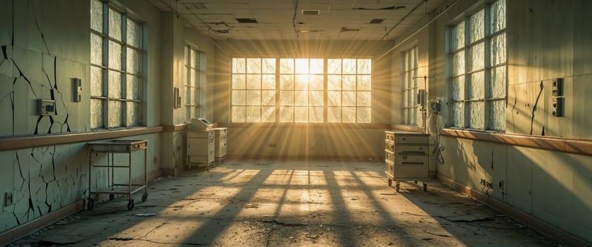 Sun shining through broken windows illuminating a long abandoned hospital hallway falling apart. photo