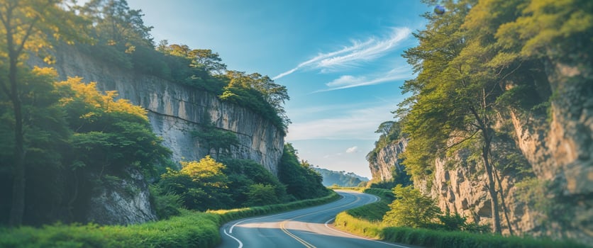 Serene Scenic Road Through a Rocky Gorge Under Blue Skies With Lush Greenery and Ample Space for Text Overlay. photo