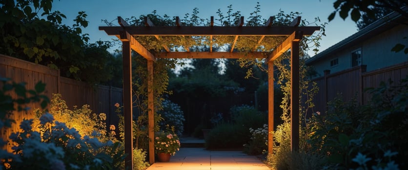 Cozy pergola illuminating backyard garden in the evening photo