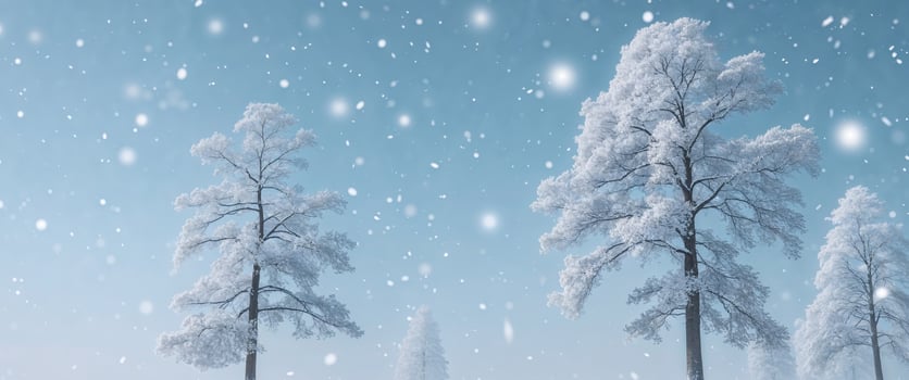 Winter landscape with snow falling on trees photo