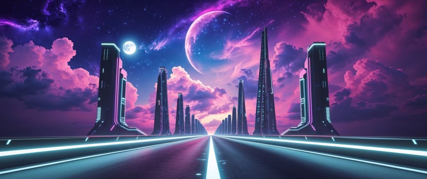 Futuristic Neon Road with Stars and Cosmic Background at Night photo