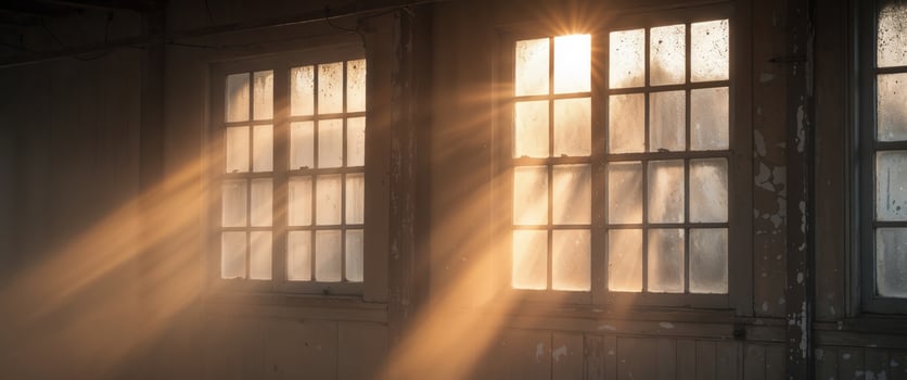 Mysterious light streaming dusty warehouse windows. photo