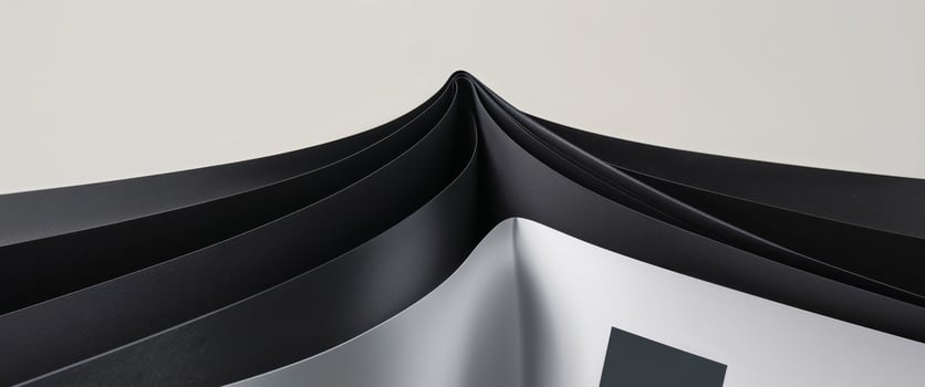 A black and white folded book with a white square photo