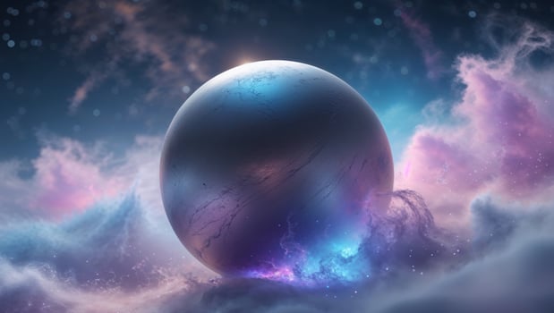 Futuristic sphere travels through glowing nebula. photo