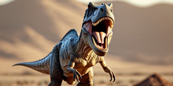 Majestic dinosaur with its mouth open in an impressive display of power and size. photo