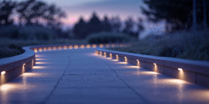 Illuminated Pathway at Dusk featuring Recessed Lights Guiding the Way in Twilight Setting Outdoors photo
