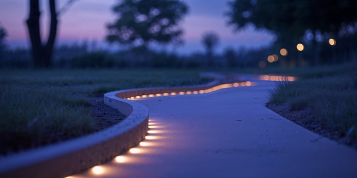 Illuminated Pathway at Dusk featuring Recessed Lights Guiding the Way in Twilight Setting Outdoors. photo