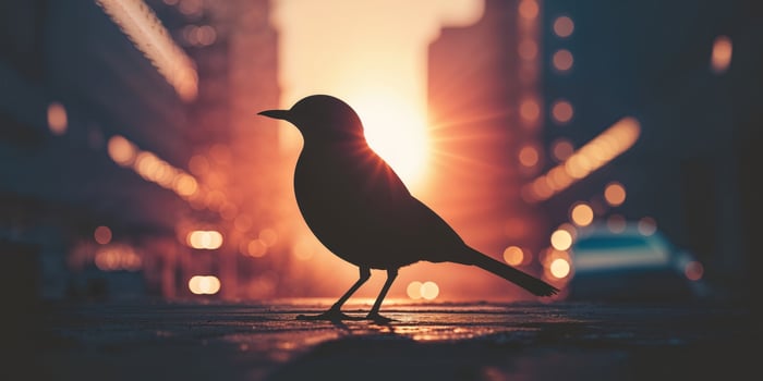 A bird is standing on a street at sunset photo