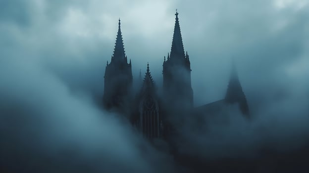 Misty Gothic Architecture Cathedral Emerges from Obscurity, Moody and Ethereal Scene photo