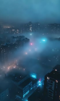 A Foggy Urban Landscape at Night Showcasing Illuminated Buildings and Cityscape Scenery photo