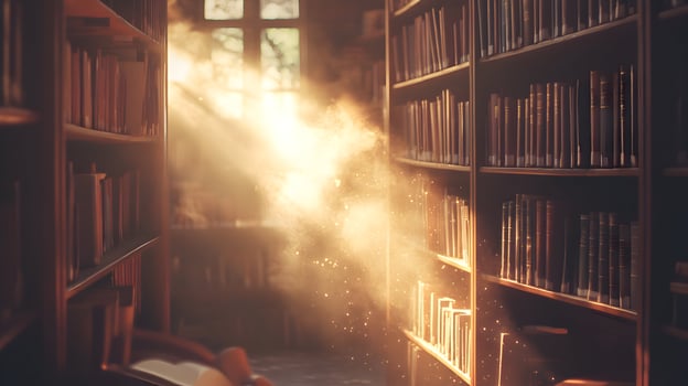 Sunlit Library Serenity Atmosphere and Golden Hues Evoke a Sense of Knowledge and Magic photo