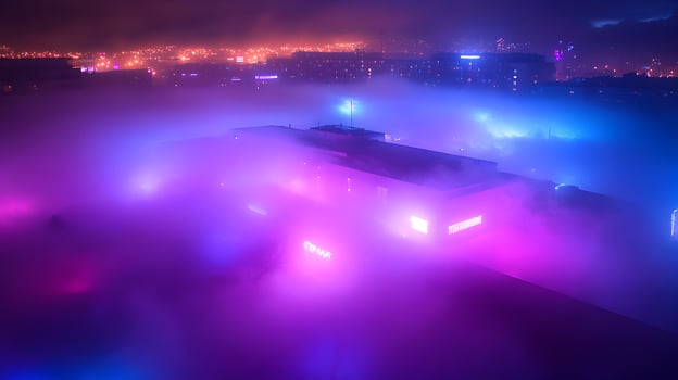Neon Cityscapes Enshrouded in Vaporwave Haze Architectural Silhouettes Under Colorful Illumination photo