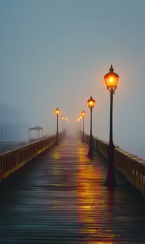 Enigmatic atmosphere, glowing streetlights illuminate the boardwalk shrouded in a dense fog photo