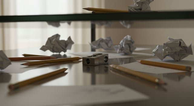 Crumpled Paper Scraps and Pencils on Glass Table photo