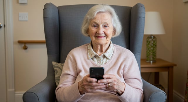 Elderly Woman Sitting in Chair Using Mobile Phone photo