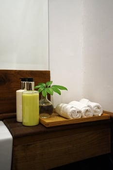 Rolled hand washing towels and cleaning gel bottles on wooden tray table photo