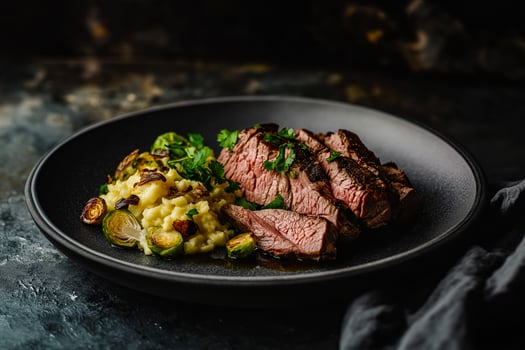 Moody marinated meat with spatzle and brussels sprout photo