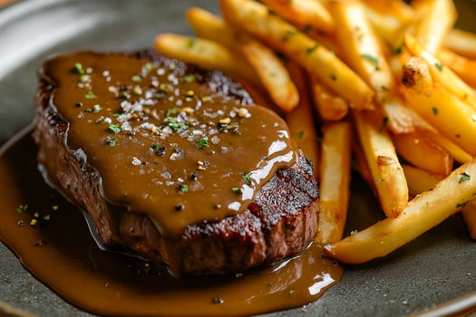 Asymmetrical steak au poivre with crispy fries photo