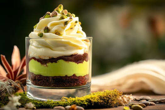 Eco-style pistachio cream dessert in clear glass photo