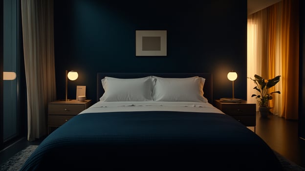 A bed with a blue blanket and white pillows photo