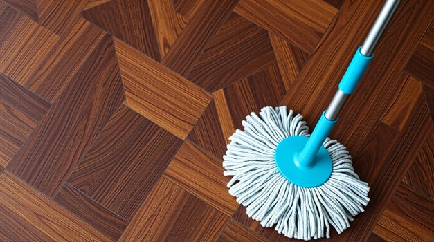 A mop on a wooden floor with a blue handle photo
