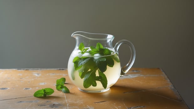 Refreshing mint beverage in a glass pitcher on a rustic wooden table photo