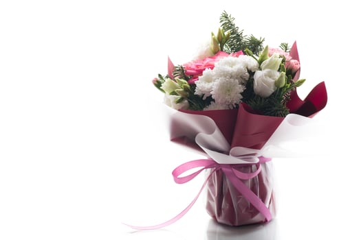 Gift bouquet.Flower arrangement with chrysanthemums, isolated on white background photo