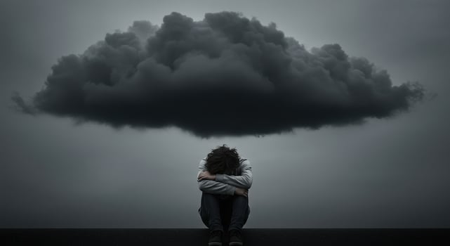 Under a dark cloud, a symbolic representation of the weight of sadness and mental health challenges. photo