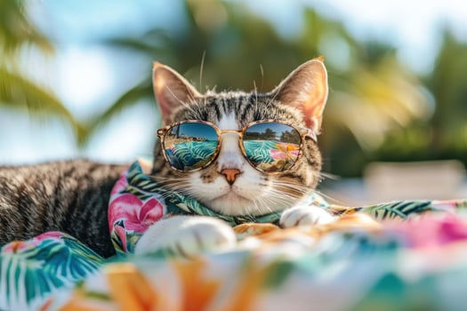 stylish cat lounging on beach towel, wearing sunglasses and tropical print bandana, exuding relaxed vibe photo