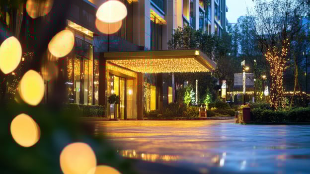 A beautifully lit hotel entrance with decorative lights and a serene atmosphere. photo