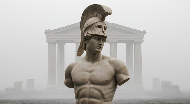 Ancient Greek statue of a spartan general surrounded by historic roman architecture for classical history. Marble statue of a spartan warrior set against ancient roman architectural ruins photo