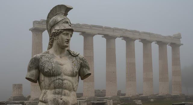 Classical sculpture of a spartan general amidst roman columns, symbolizing ancient warfare and historical architecture photo