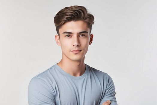 A young man in a blue shirt posing for the camera photo