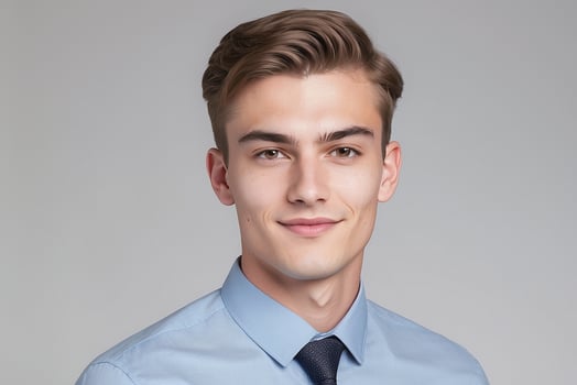 A young man in a blue shirt and tie photo