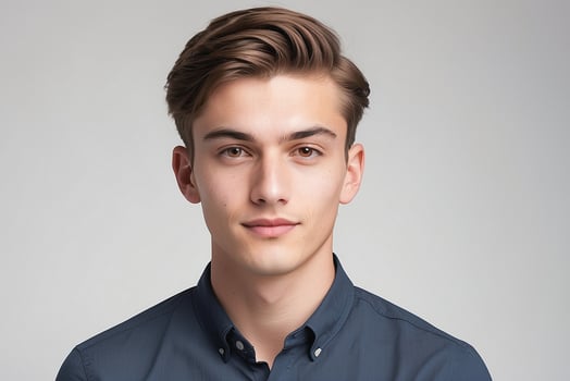 A young man in a blue shirt photo