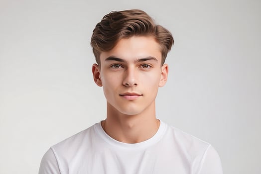 A young man in a white t - shirt photo