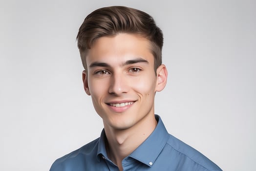 A young man in a blue shirt smiling photo