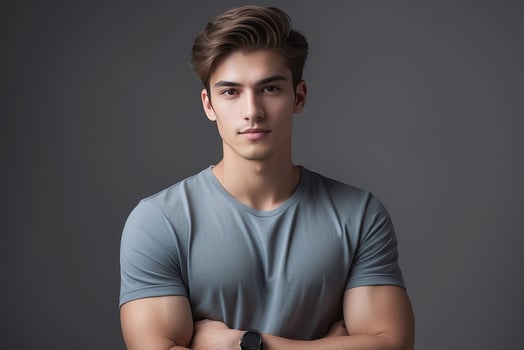 Young man in a gray t - shirt standing with his arms crossed photo