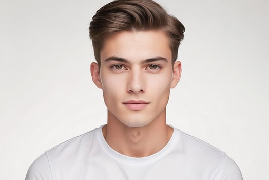 A young man with a white t - shirt photo
