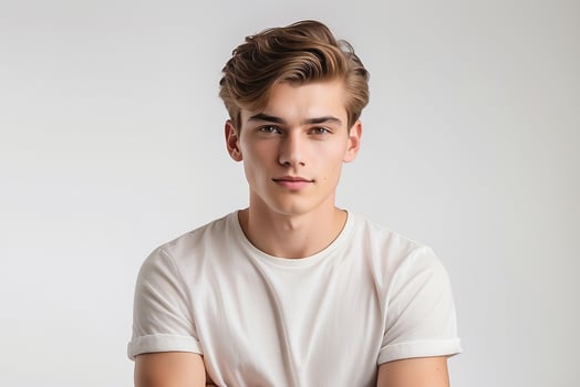 A young man in a white t - shirt photo
